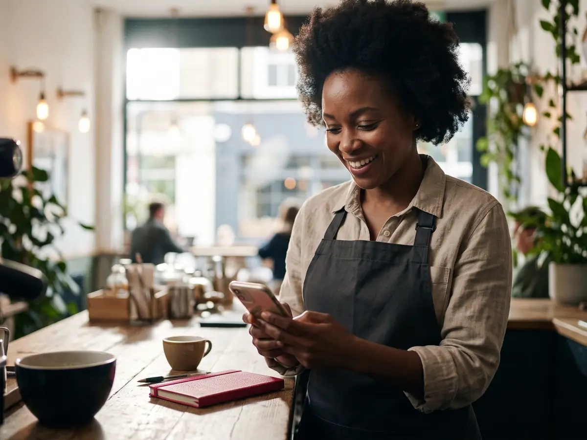 A café owner smiling at a new order on her phone